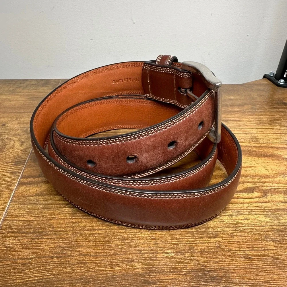 Johnston & Murphy Mens Brown Leather Dress Belt Triple Stitch Size 44 75-7312‎